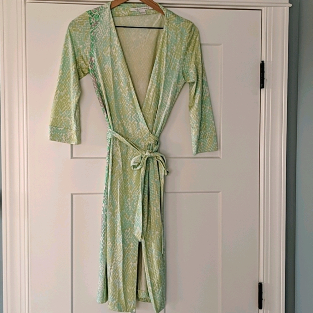 DVF Green Snake Print Silk Wrap Dress, Size 2